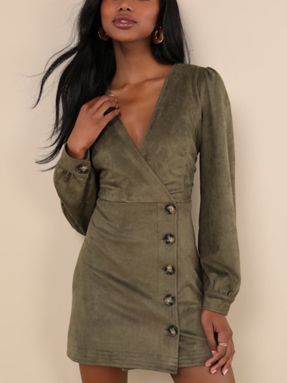 Lulus Chicest Aura Olive Green Suede Surplice Long Sleeve Mini Dress - Size L